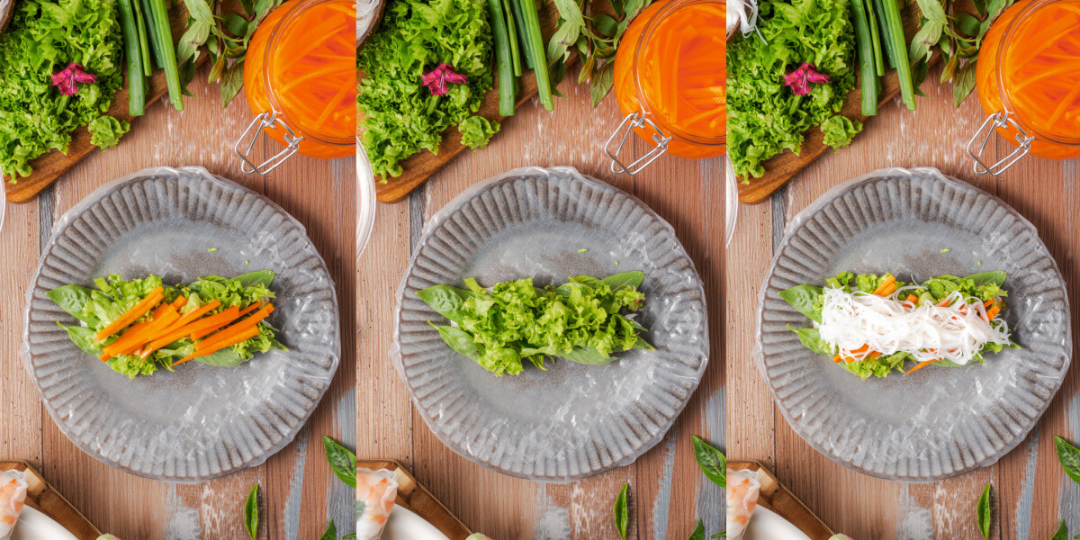 A series of process images showing how to roll Vietnamese Shrimp salad rolls.