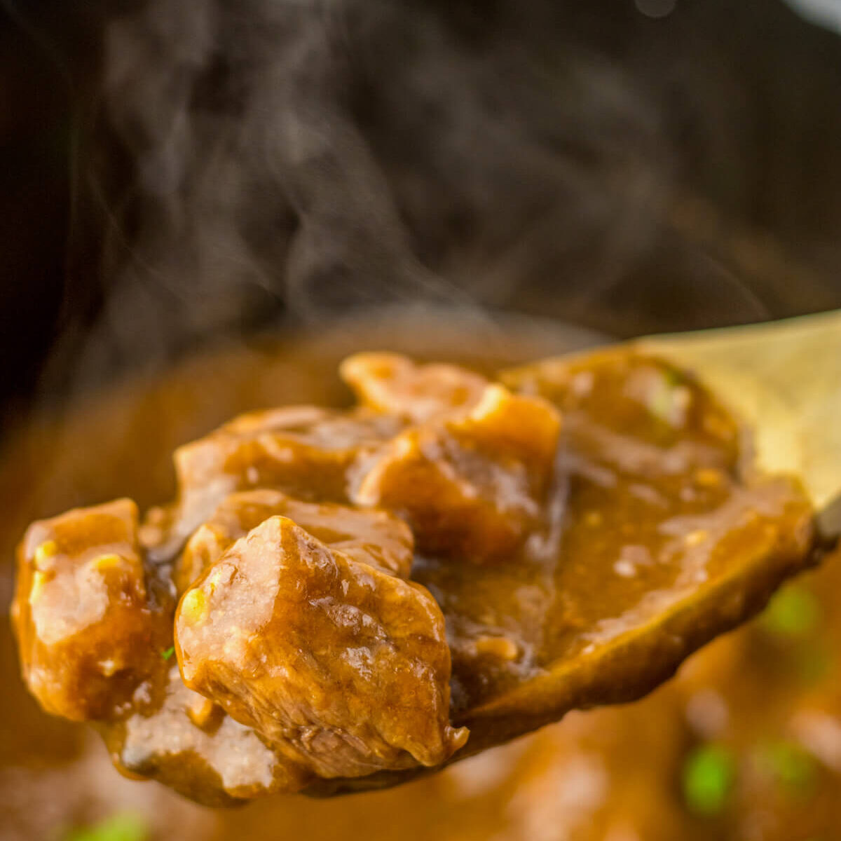 Steam rising a spoonful of tender slow cooked beef tips in a rich and flavourful gravy.
