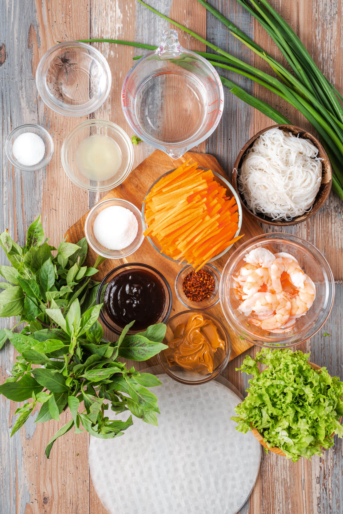 Ingredients required to make Vietnamese Shrimp Salad Rolls.