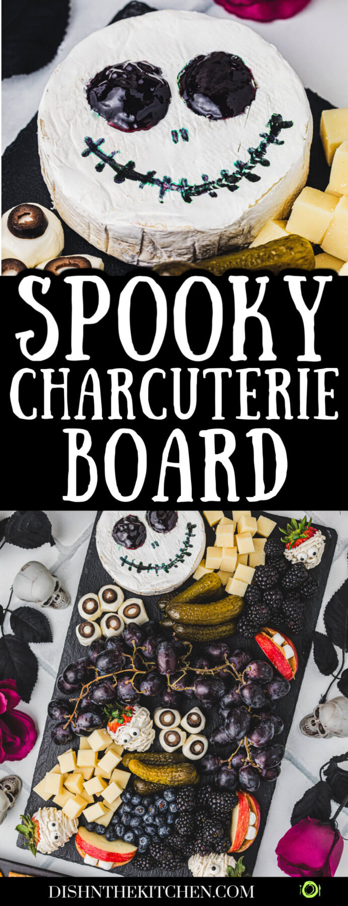 Pinterest image featuring a Halloween party table containing a large charcuterie board featuring great ideas for spooky snacks.