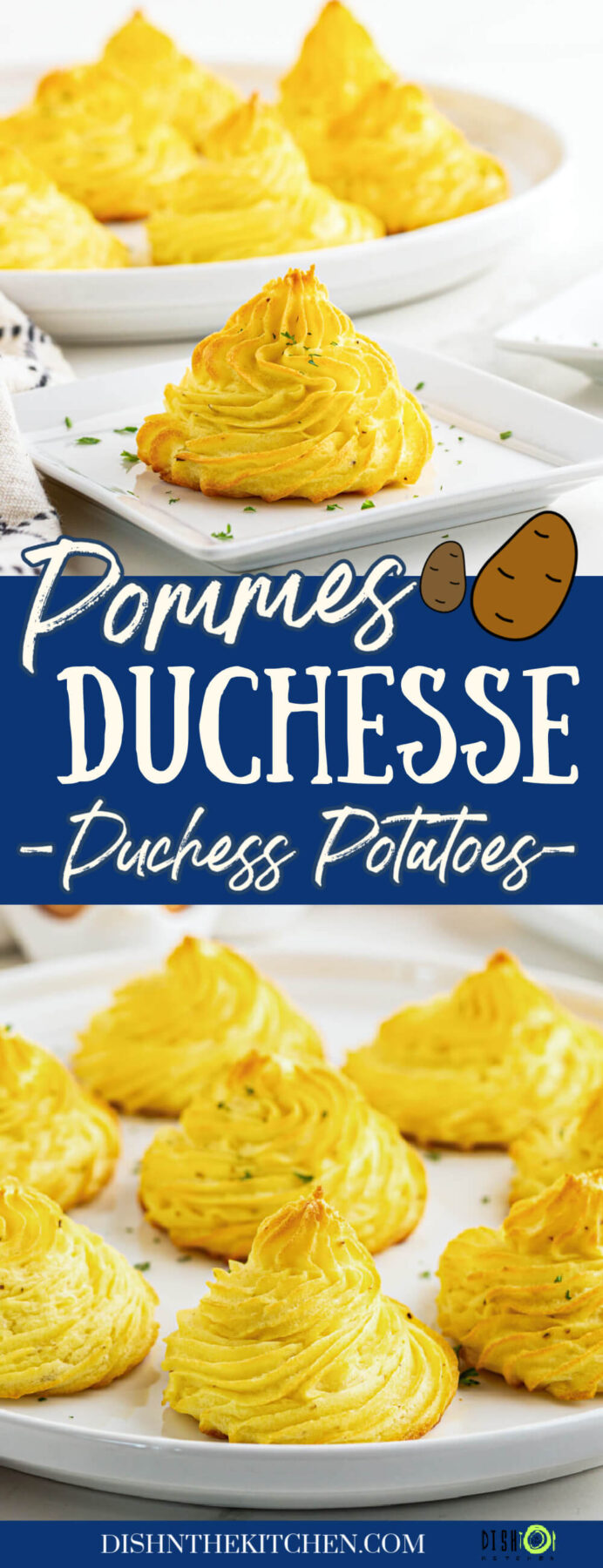 Pinterest image featuring golden baked swirls of rich baked Pommes Duchess.