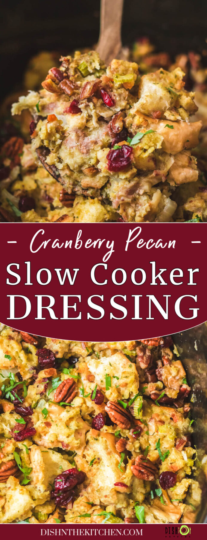Pinterest image featuring traditional bread dressing dotted with red dried cranberries, pecans, celery, and parsley.