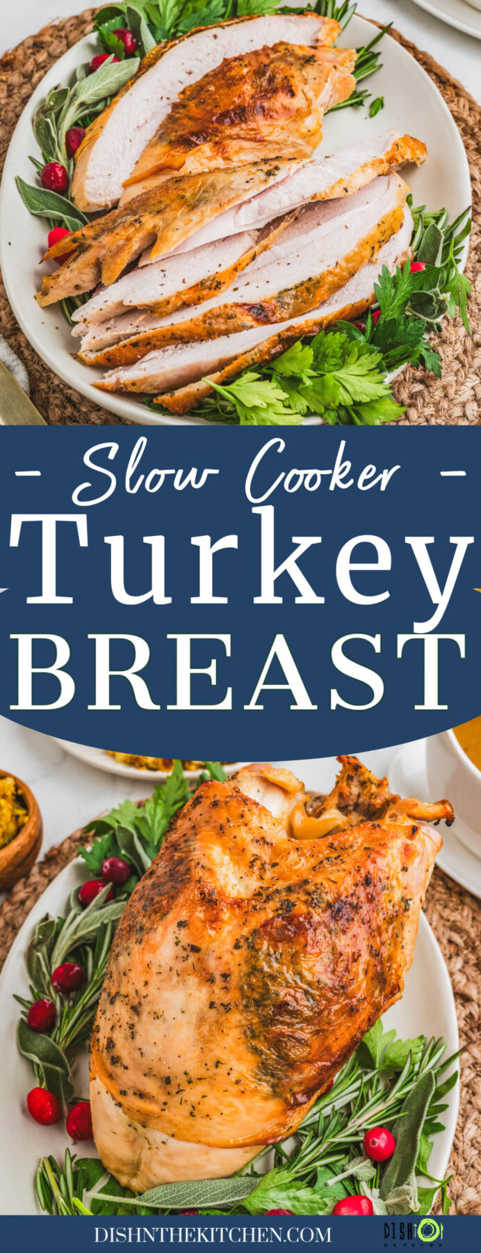 Pinterest image featuring a golden brown crispy skin slow cooker turkey breast whole roast and sliced on a platter.