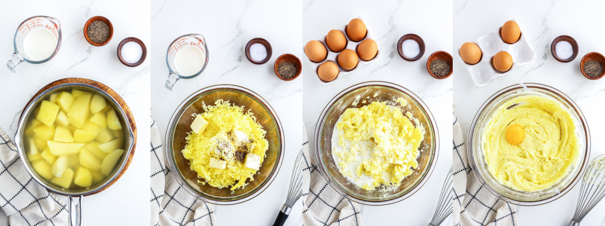 A series of four process images showing how to boil, mash, and mix up Pommes Duchesse.
