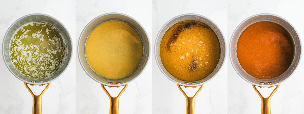 A series of process images showing how to make Homemade Turkey Gravy.