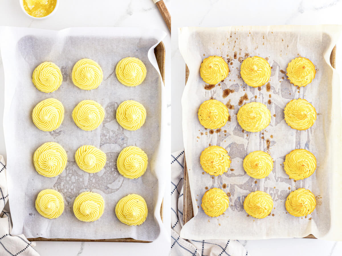 A series of two process photos showing how to pipe and bake Pommes Duchesse on a parchment lined baking sheet.