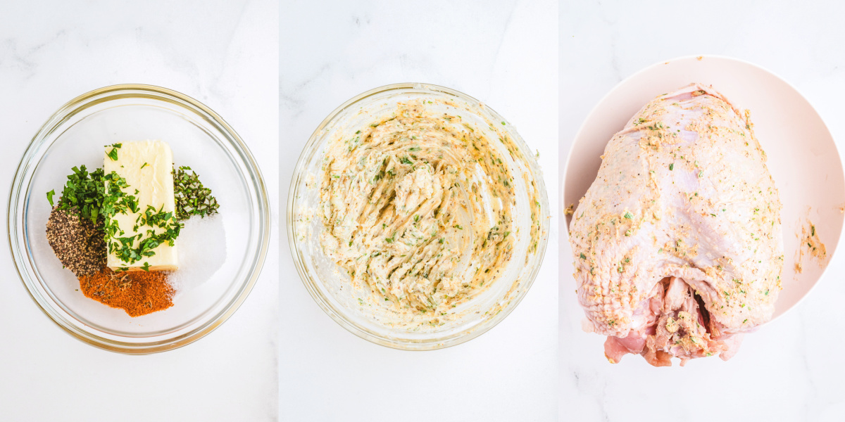A series of process images showing how to mix herb butter and use it to coat a turkey breast roast before cooking.