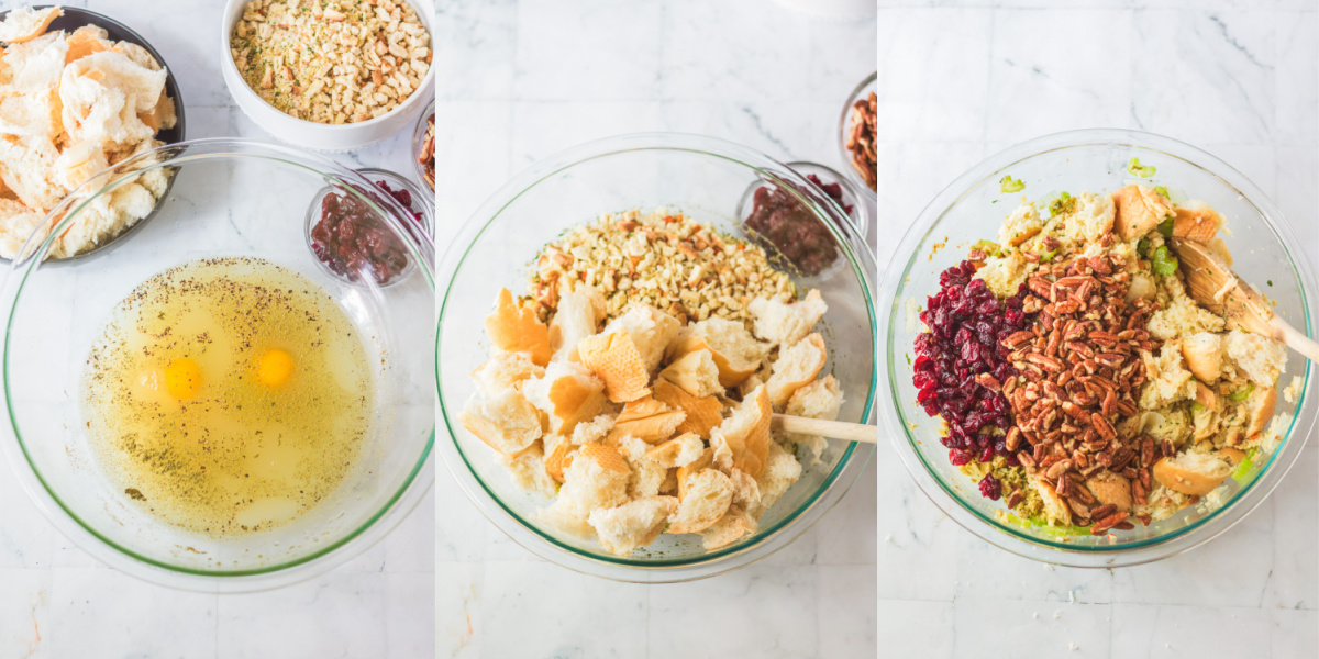 A series of process images showing how to mix Slow Cooker Dressing before cooking.