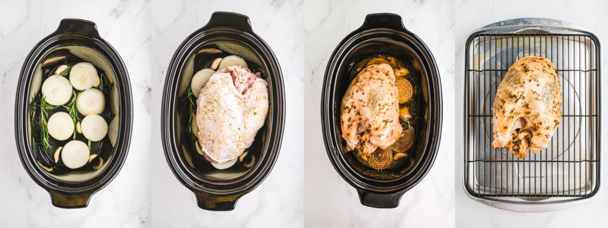 A series of process images showing how to make slow cooker turkey breast.