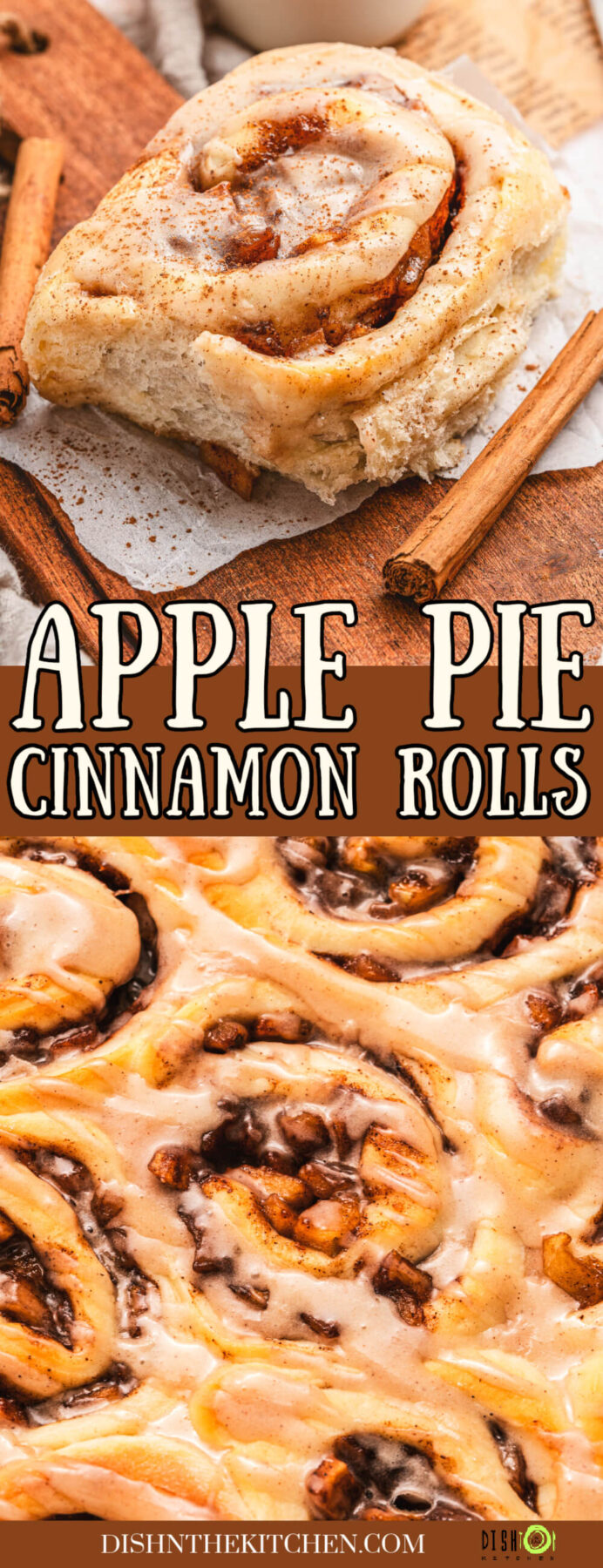 Pinterest image featuring golden baked glazed apple pie cinnamon rolls in a pan and on a wooden board.