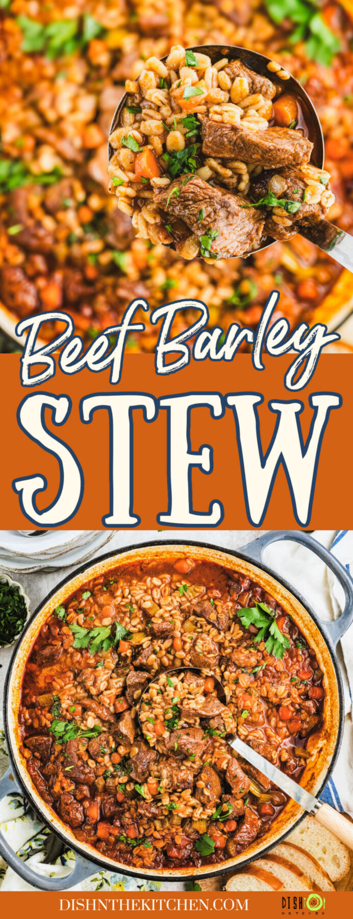 Pinterest image featuring hearty Beef Barley Stew in a large pot and in a serving ladle over the same pot.