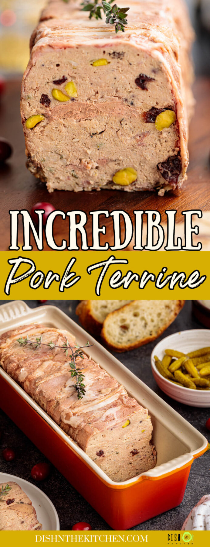 Pinterest image featuring a sliced bacon wrapped pork terrine on a cutting board and in a red terrine pan.