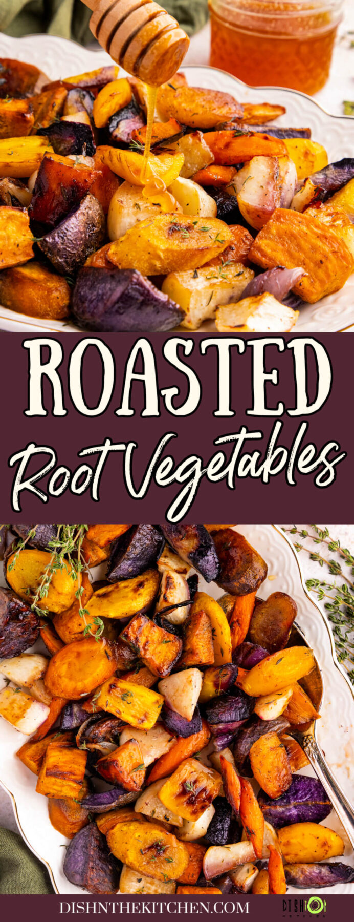 Pinterest image featuring colourful roasted root vegetables on a white platter being drizzled with honey.