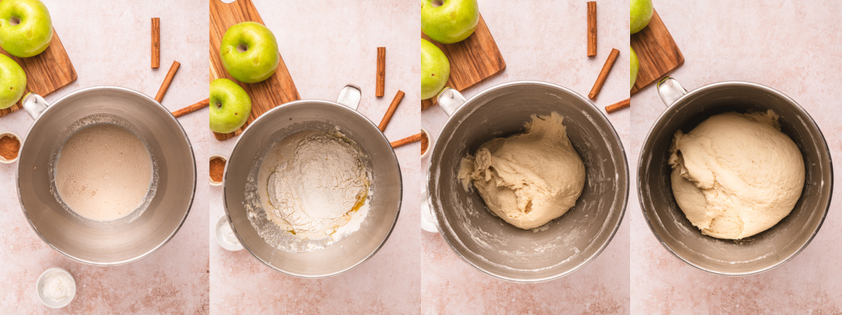 A series of process images showing how to mix and proof cinnamon bun dough.