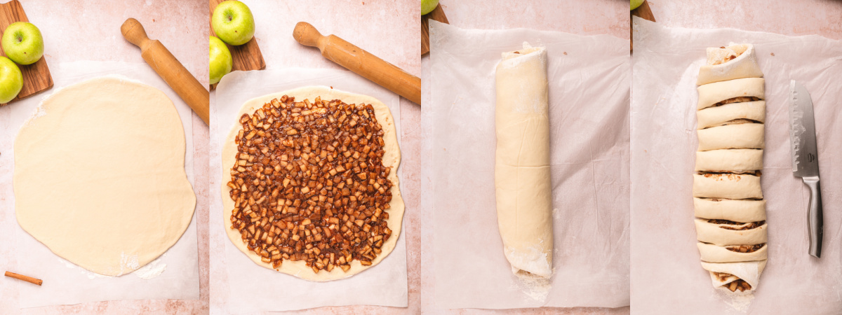 A series of process images showing how to roll, fill, and cut cinnamon buns.
