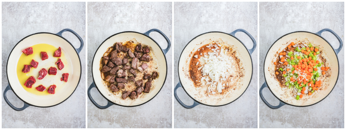 A series of process images showing how to make beef barley stew.