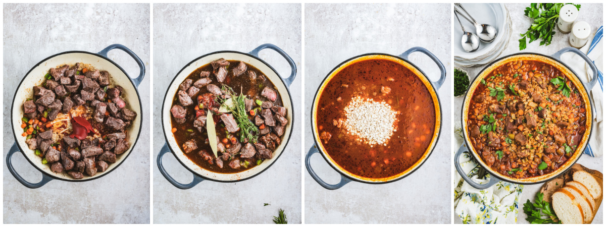 A series of process images showing how to make beef barley stew.