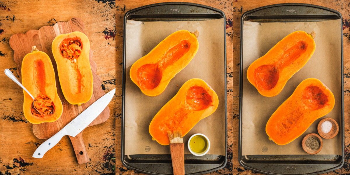 A series of pictures showing how to prepare a butternut squash for roasting.