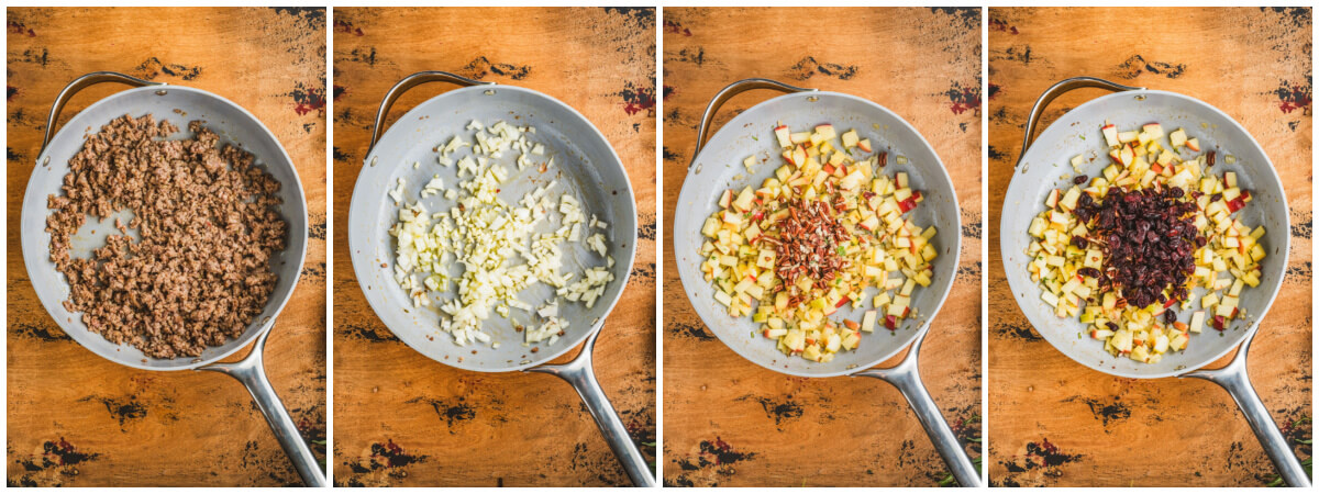 A series of process images showing how to make meat stuffing for roasted butternut squash.