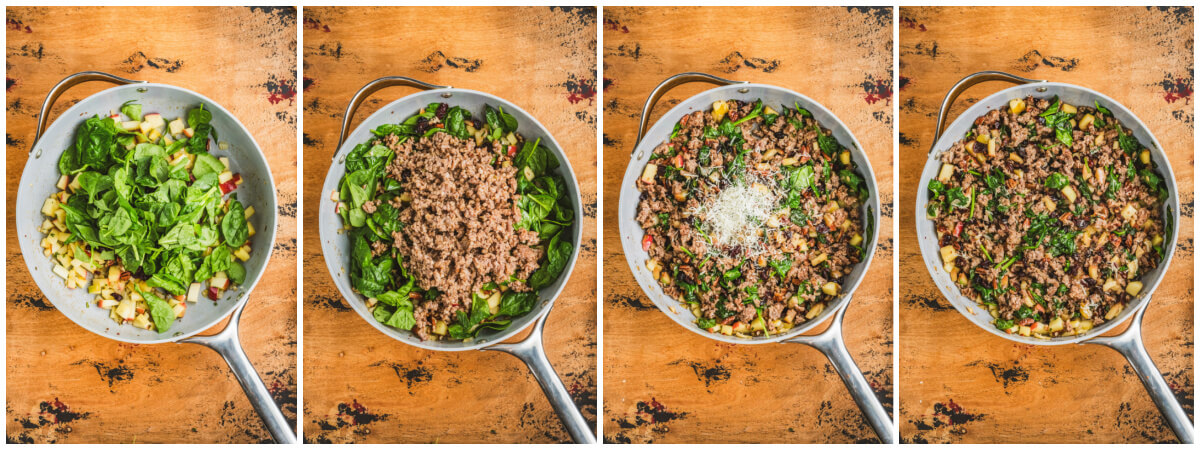 A series of process images showing how to make meat stuffing for roasted butternut squash.