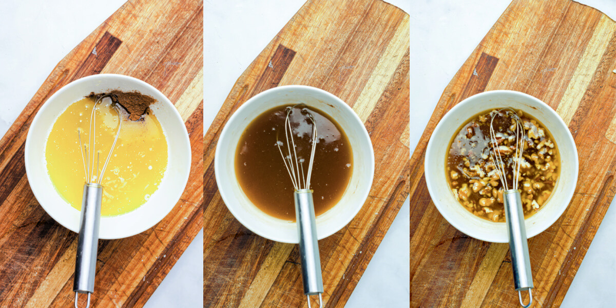 A series of process images showing how to mix up maple walnut butter topping for hasselback sweet potatoes.