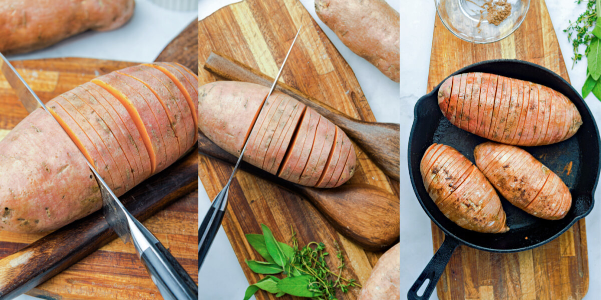A series of process images showing how to cut sweet potatoes before roasting.