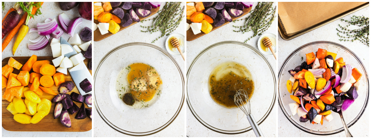 A series of process images showing how to cut and coat root vegetables before roasting.