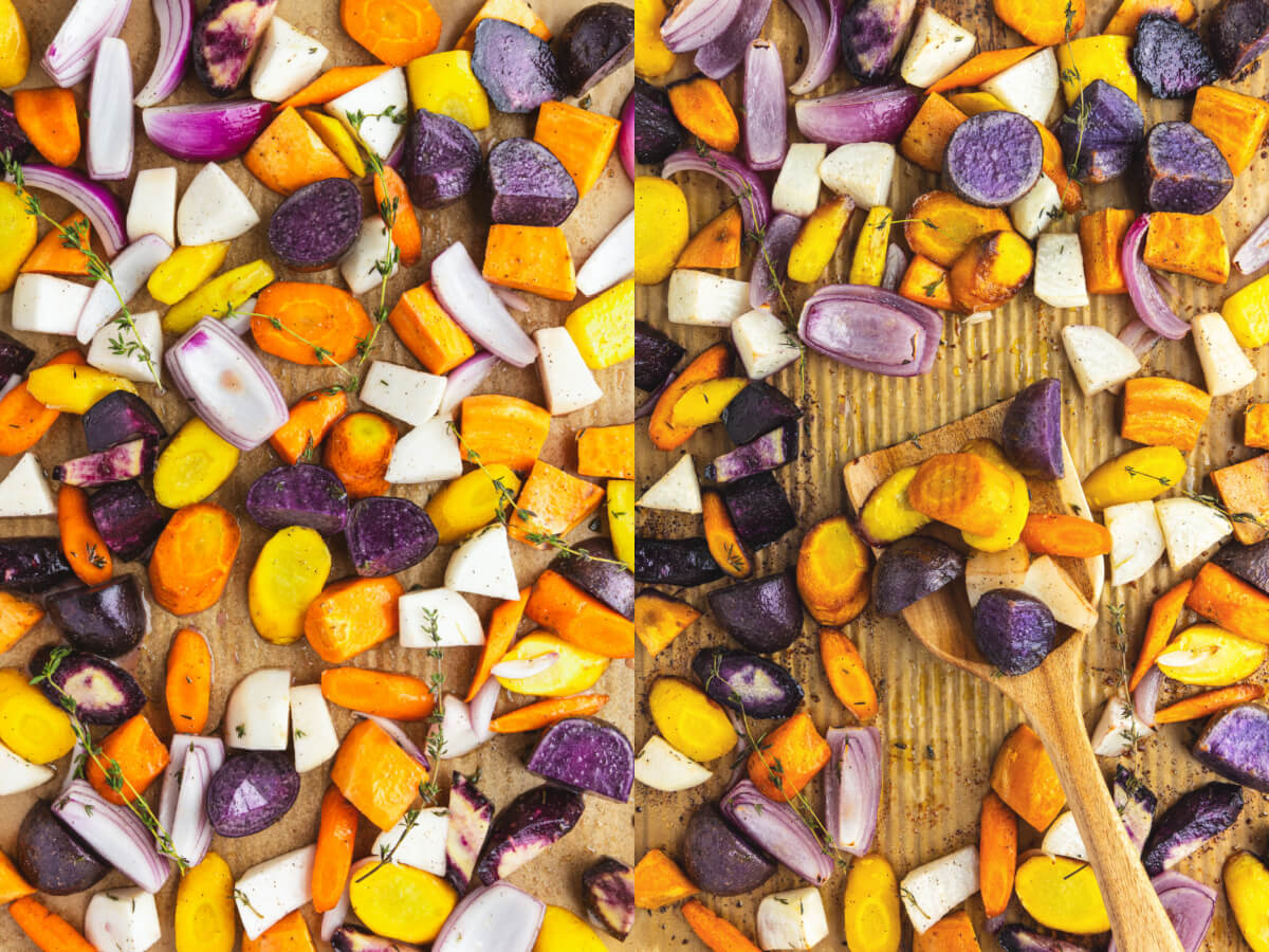 A series of process images showing how to arrange root vegetables on a parchment lined baking sheet for roasting.