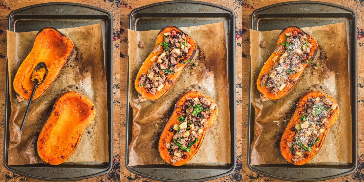 A series of process images showing how to roast and stuff a butternut squash.
