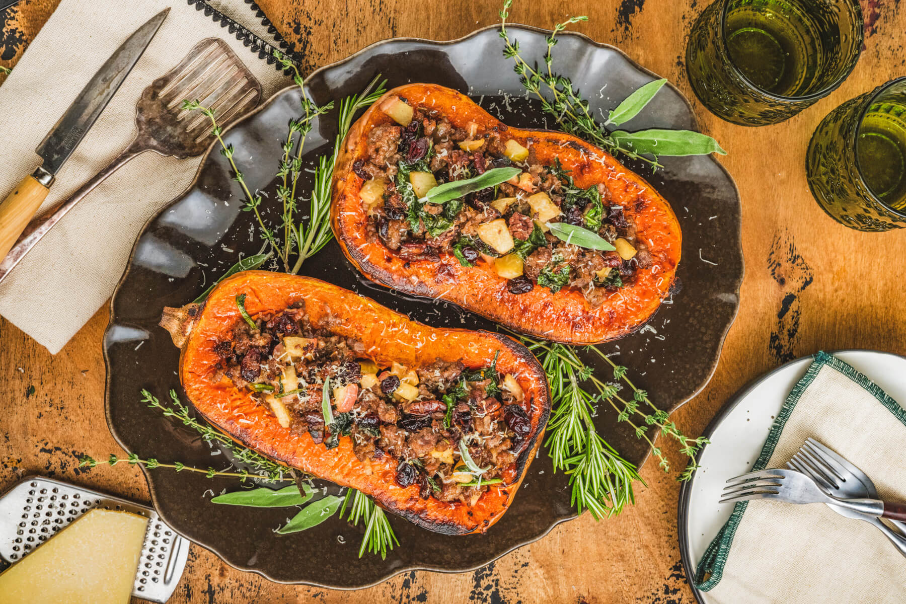 Bright orange roasted squash filled with Italian sausage, pecans, herbs, and dried cranberries then topped with Parmesan cheese on a black platter surrounded by green herbs.