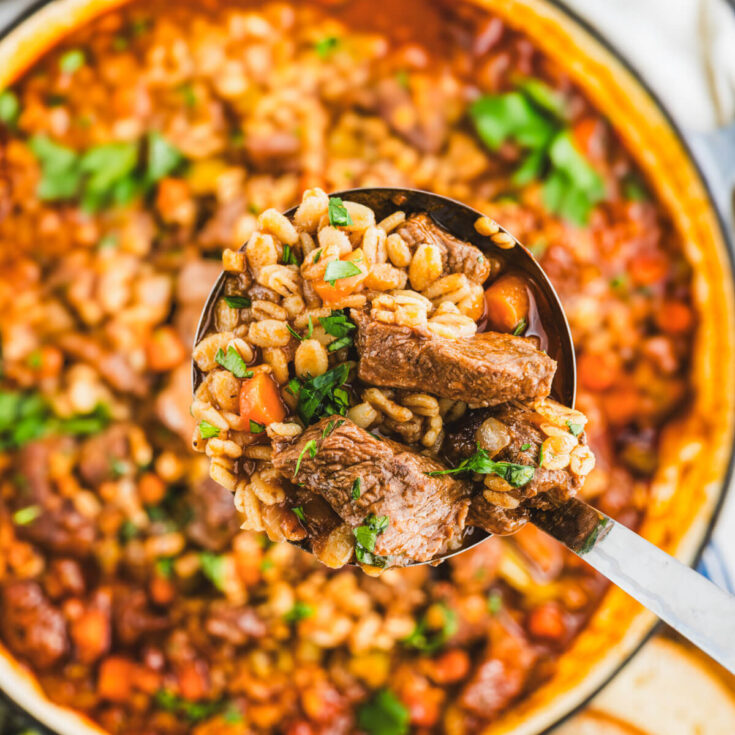 A serving spoon containing hearty Beef Barley Stew over a pot of the same stew.