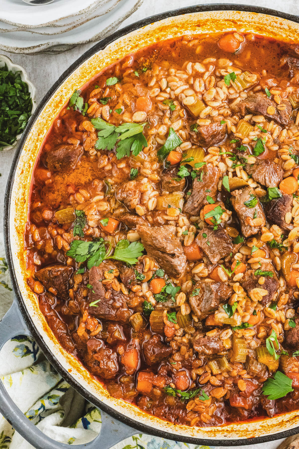 A large pot filled with hearty beef chunks, barley, vegetables in a luxurious broth. 