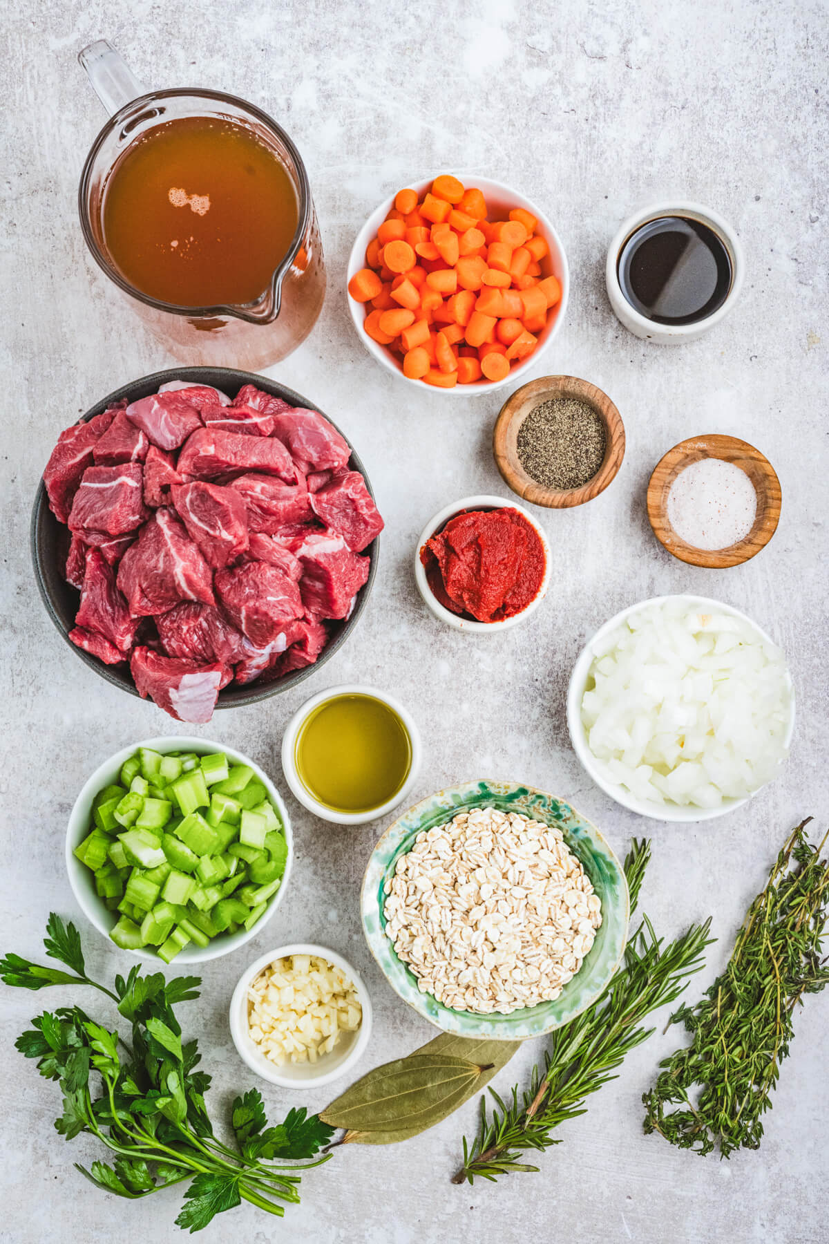 Ingredients required to make beef barley stew.
