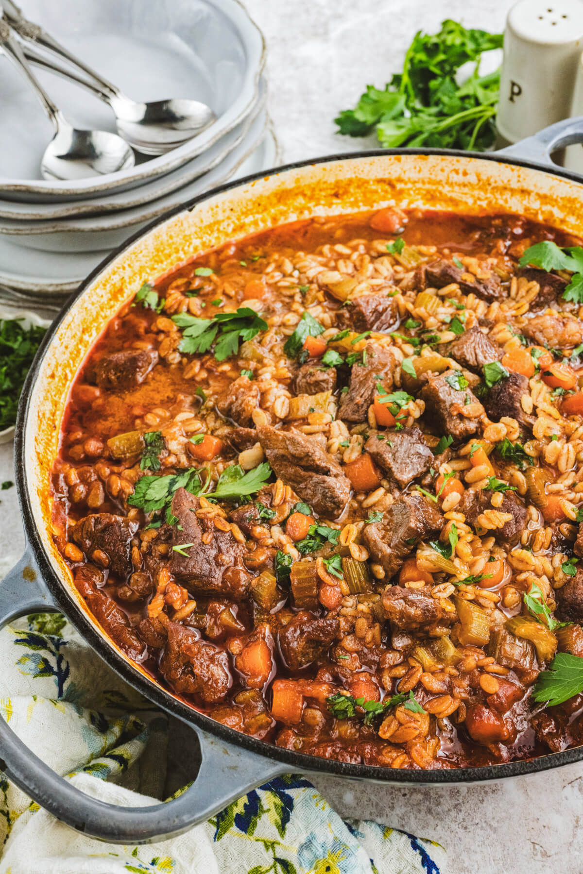 A large pot filled with hearty beef chunks, barley, vegetables in a luxurious broth.