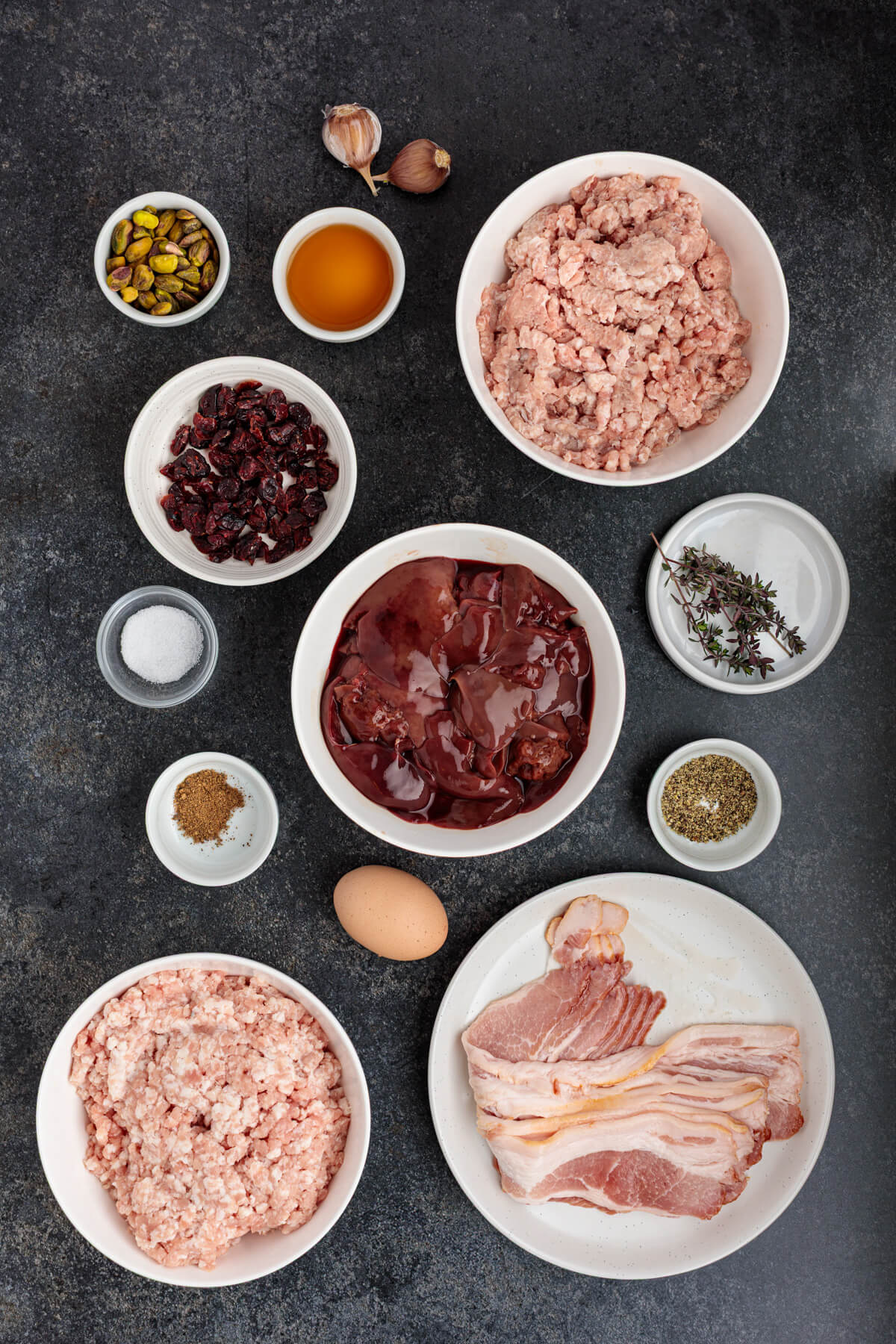 Ingredients required to make bacon wrapped Pork Terrine.