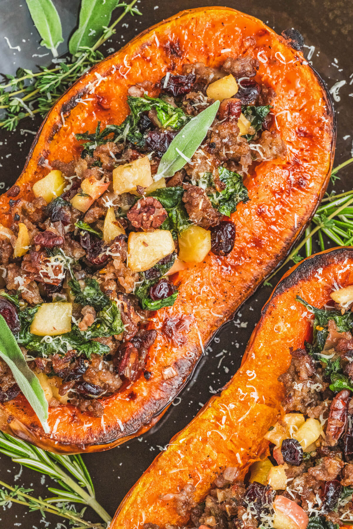 Bright orange roasted squash filled with Italian sausage, pecans, herbs, and dried cranberries then topped with Parmesan cheese.