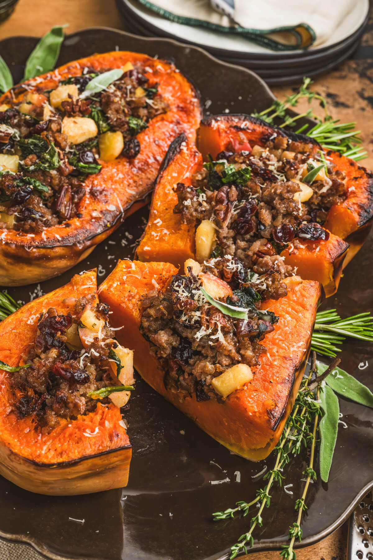 Slices of roasted butternut squash showing the meaty filling.