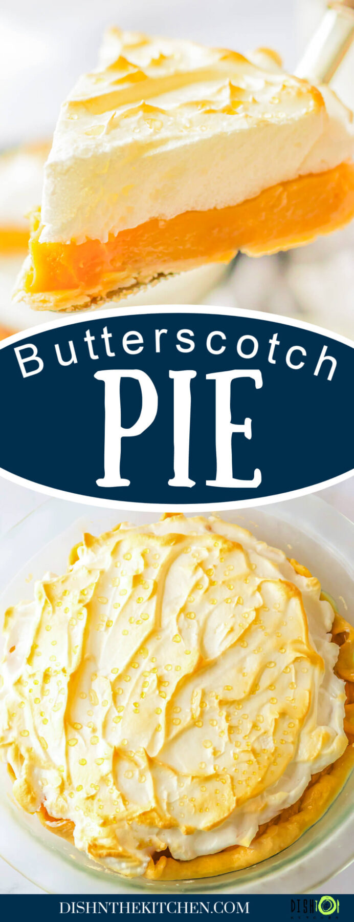 Pinterest image of a slice of Butterscotch Pie on a pie server and whole pie topped with toasted meringue.