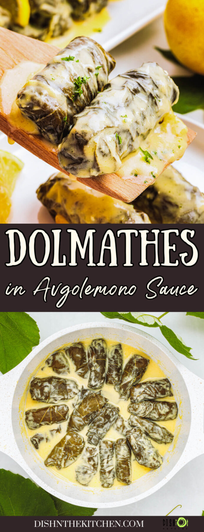 Pinterest image featuring a round roasting pan full of stuffed grape vine leaves in a creamy yellow sauce.