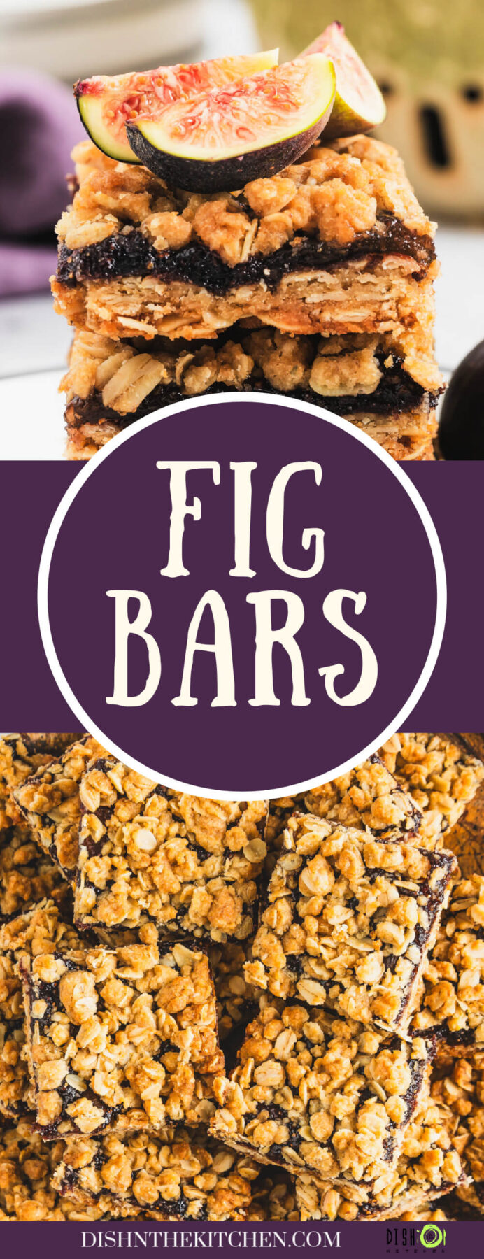 Pinterest image featuring a stack of golden baked crumbly Fig Bars and a platter of more fig bars.