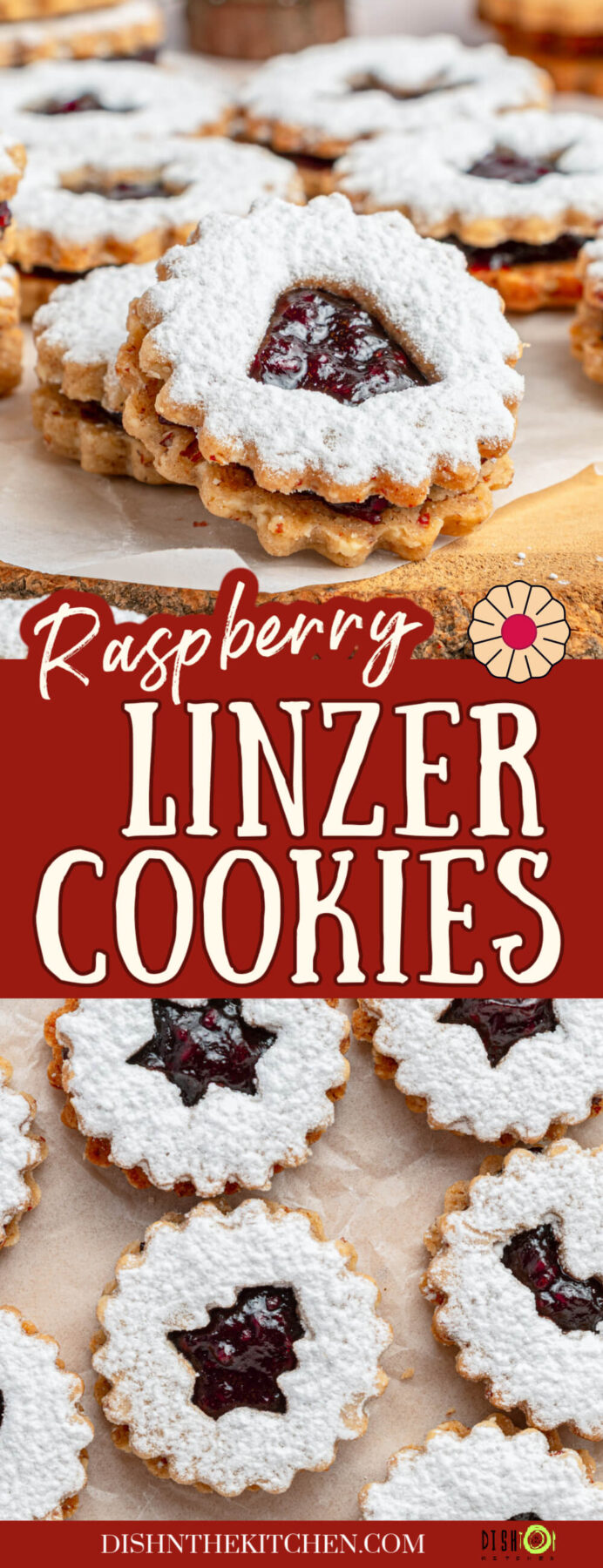 Pinterest image featuring Raspberry Linzer sandwich cookies with bell, star, and heart shaped cut outs dusted in confectioner's sugar on a wooden board.