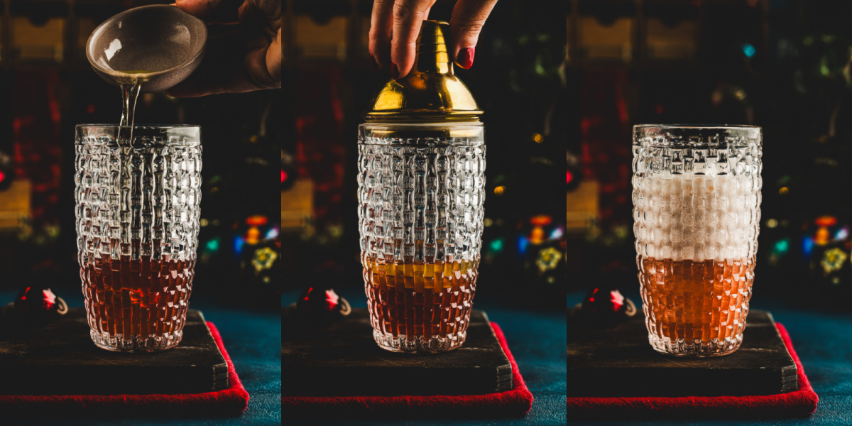 A series of process images showing how to shake up a sour cocktail.