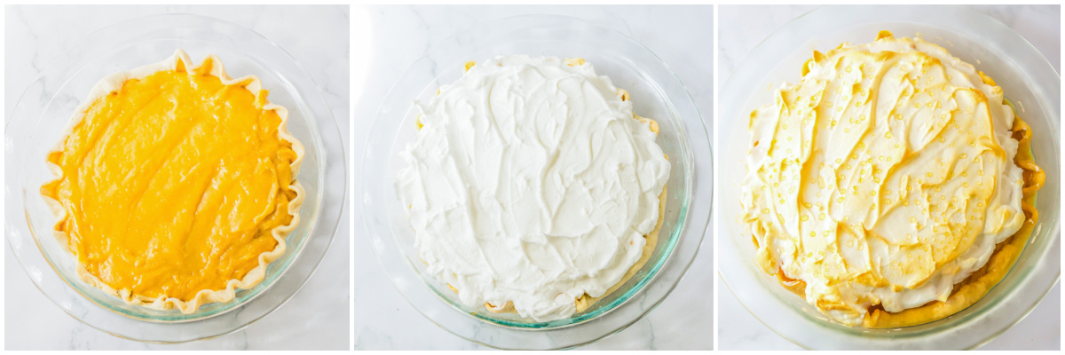 A series of process images showing how to fill a Butterscotch pie in layers.