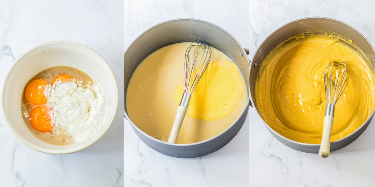 A series of process images showing how to make butterscotch pie filling.