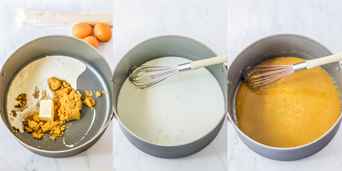 A series of process images showing how to make caramel cream.