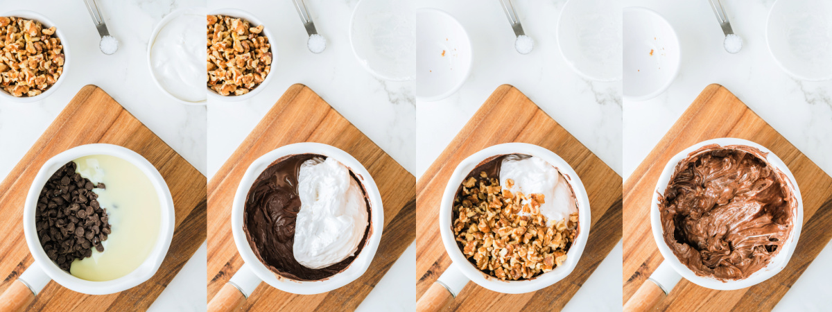 A series of process images showing how to make six ingredient chocolate walnut fudge.