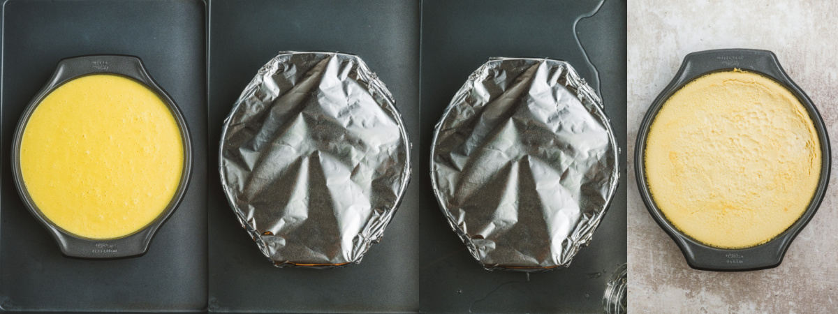 A series of images showing how to bake coconut flan in a water bath.