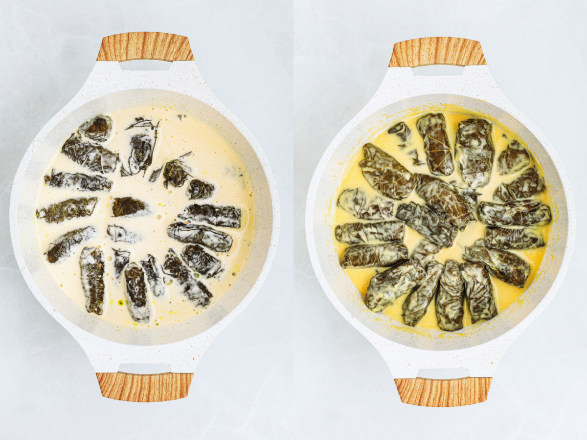 A series of process images showing how to thicken avgolemono sauce in a hot pan of dolmathes.