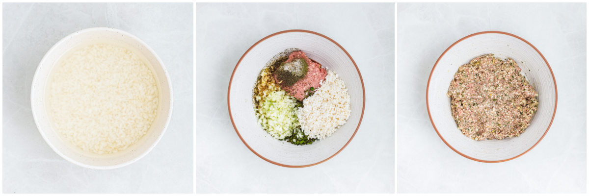 A series of process images showing how to make dolmathe filling.