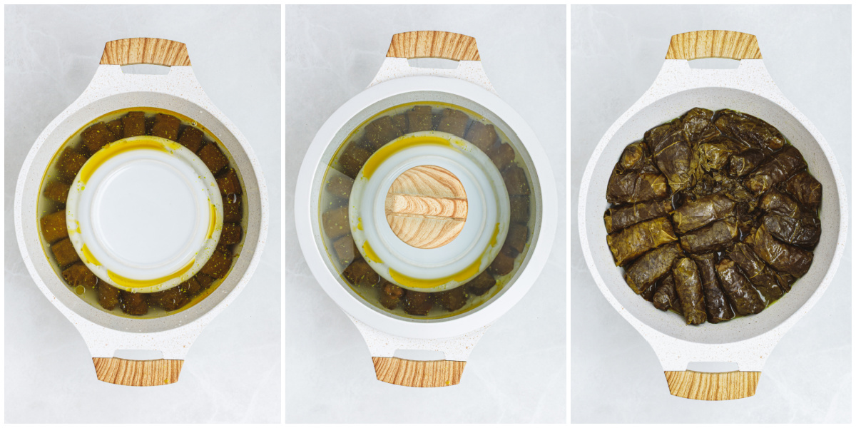 A series of process images showing how to cook a pan full of dolmathes in chicken broth.